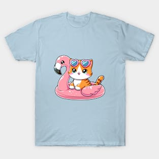 Cute Cat with Flamingo Buoy T-Shirt